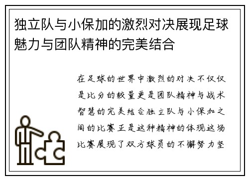 独立队与小保加的激烈对决展现足球魅力与团队精神的完美结合