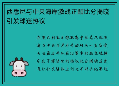西悉尼与中央海岸激战正酣比分揭晓引发球迷热议